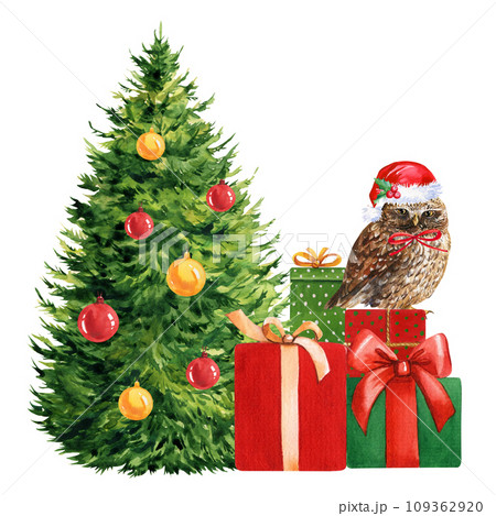 Christmas tree, owl with gifts on isolated white background. Hand drawn illustration. Watercolor winter holiday poster Christmas tree, owl with gifts on isolated white background. Hand drawn illustration. Watercolor winter holiday poster 109362920