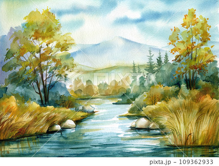 Beautiful autumn landscape with river and mountains, watercolor painting illustration 109362933