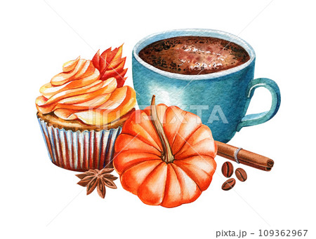 Autumn Sweet dessert Watercolor Illustration, Hot drink, Cupcake and pumpkin isolated white background Autumn Sweet dessert Watercolor Illustration, Hot drink, Cupcake and pumpkin isolated white background 109362967