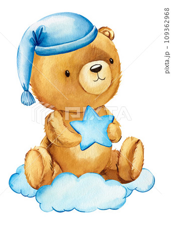 Cute teddy bear with star isolated on white background. Watercolor hand draw illustration, teddy bear art poster Cute teddy bear with star isolated on white background. Watercolor hand draw illustration, teddy bear art poster 109362968