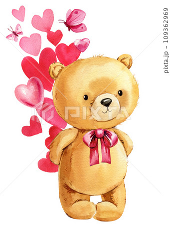 Teddy bear and heart watercolor on isolated white background, art poster, cute bear hand drawn. Toy Valentine's day Teddy bear and heart watercolor on isolated white background, art poster, cute bear hand drawn. Toy Valentine's day 109362969