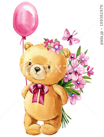 Set cute Teddy bears with balloons on isolated background. Watercolor hand drawn illustration clipart for kids birthday Set cute Teddy bears with balloons on isolated background. Watercolor hand drawn illustration clipart for kids birthday 109362970