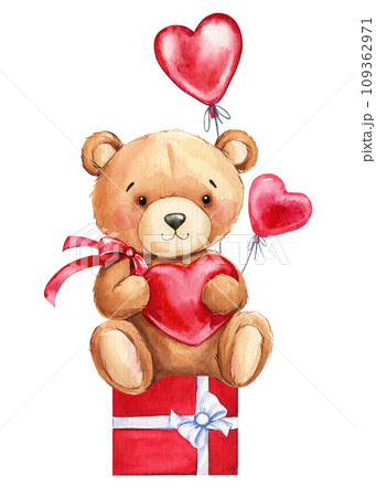Teddy bear with heart balloon and gift box, Hand painted watercolor illustration isolated background. Valentines Day Teddy bear with heart balloon and gift box, Hand painted watercolor illustration isolated background. Valentines Day 109362971