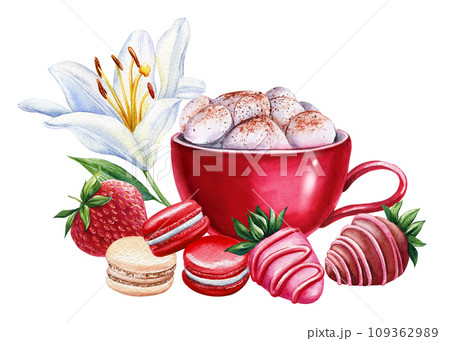 Valentines day, Sweet set Watercolor Illustration, Hot drink, desserts and bakery drawing isolated on white background. 109362989