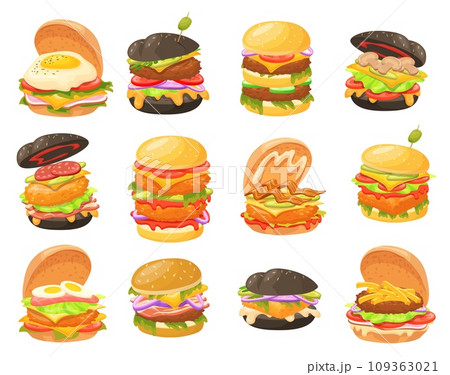Different burgers. Small and big burger with veggie vegetable salads or beef cutlets, cheeseburger hamburger black bun sandwich bread american fast food, neat vector illustration 109363021
