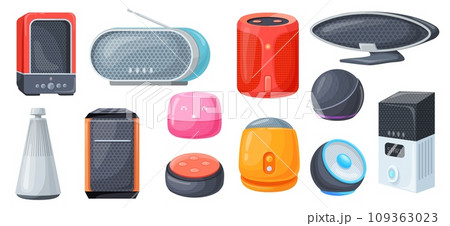 Smart assistant speakers. Home music speaker voice interacting, wireless electronic device digital ai connection audio system portable loudspeaker, cartoon neat vector illustration 109363023