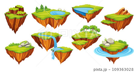 Flying ground islands. Floating land piece adventure game environment, soil rock empty island nature earth planet, game level map run platform bridge, neoteric vector illustration Flying ground islands. Floating land piece adventure game environment, soil rock empty island nature earth planet, game level map run platform bridge, neoteric vector illustration 109363028