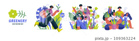 Greenery, ecology -modern flat vector concept illustration of people and plants. Metaphor of environmental sustainability and protection, closeness to nature, green life, ecosystem and biosphere Greenery, ecology -modern flat vector concept illustration of people and plants. Metaphor of environmental sustainability and protection, closeness to nature, green life, ecosystem and biosphere 109363224
