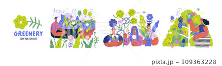 Greenery, ecology -modern flat vector concept illustration of people and plants. Metaphor of environmental sustainability and protection, closeness to nature, green life, ecosystem and biosphere Greenery, ecology -modern flat vector concept illustration of people and plants. Metaphor of environmental sustainability and protection, closeness to nature, green life, ecosystem and biosphere 109363228