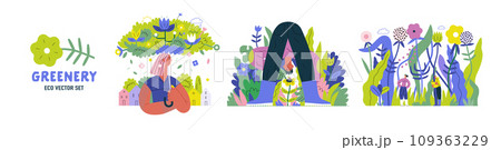 Greenery, ecology -modern flat vector concept illustration of people and plants. Metaphor of environmental sustainability and protection, closeness to nature, green life, ecosystem and biosphere Greenery, ecology -modern flat vector concept illustration of people and plants. Metaphor of environmental sustainability and protection, closeness to nature, green life, ecosystem and biosphere 109363229