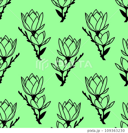 seamless symmetrical pattern of black graphic magnolia flowers on a green background, texture, design seamless symmetrical pattern of black graphic magnolia flowers on a green background, texture, design 109363230