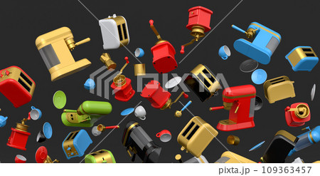 Many of flying espresso machine with horn, cups, geyser coffee maker and grinder 109363457