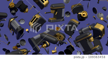 Many of flying espresso machine with horn, cups, geyser coffee maker and grinder Many of flying espresso machine with horn, cups, geyser coffee maker and grinder 109363458