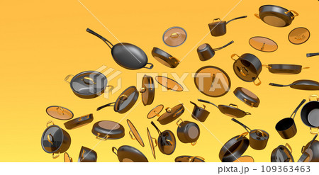 Many of flying frying pan with glass lid on yellow background, non-stick Many of flying frying pan with glass lid on yellow background, non-stick 109363463