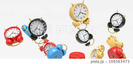 Many of flying alarm clocks on white background. 3d render of wake up time 109363473
