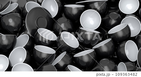 Pile of ceramic coffee cups for espresso, teaspoons and plates on black Pile of ceramic coffee cups for espresso, teaspoons and plates on black 109363482