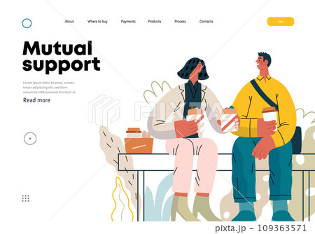 Mutual Support: Share food -modern flat vector concept illustration of woman offering half of her lunch to colleague in the park. A metaphor of voluntary, collaborative exchanges of resource, services 109363571