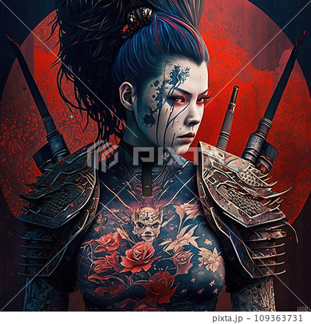 Captivating Cyberpunk Japanese Woman Adorned in Full Yakuza Bodysuit Tattoo with a Samurai Sword Against a Vibrant Red Sky with Influences of Traditional Geisha Culture Captivating Cyberpunk Japanese Woman Adorned in Full Yakuza Bodysuit Tattoo with a Samurai Sword Against a Vibrant Red Sky with Influences of Traditional Geisha Culture 109363731