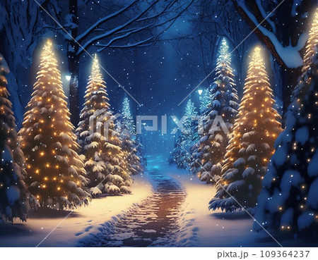 雪降る夜の森。AI生成画像。 雪降る夜の森。AI生成画像。 109364237