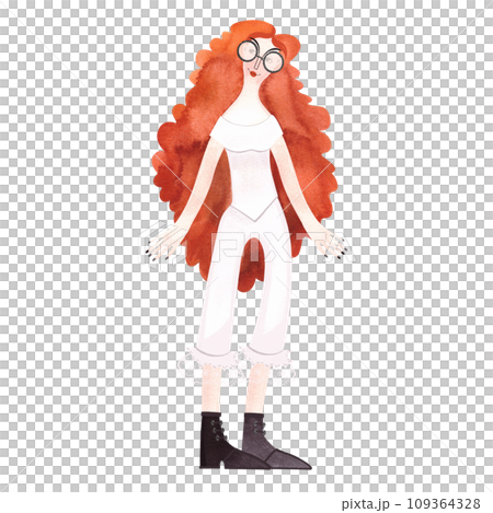 Red-haired curly girl with long hair in a white corset and pantaloons. Victorian era. Isolated watercolor illustration on white background. Red-haired curly girl with long hair in a white corset and pantaloons. Victorian era. Isolated watercolor illustration on white background. 109364328