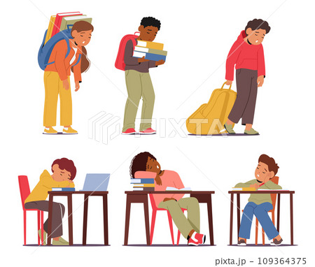 Exhausted School Children With Heavy Eyelids, Surrounded By Books And Papers, Yawn And Struggle To Stay Awake Exhausted School Children With Heavy Eyelids, Surrounded By Books And Papers, Yawn And Struggle To Stay Awake 109364375