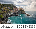 Stunning view of Manarola village in Cinque Terre National Park, beautiful cityscape with colorful houses and green terraces on cliffs over a sea, Liguria region of Italy. 109364388