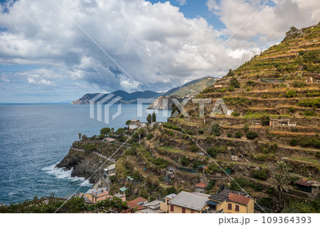 Stunning view of Manarola village in Cinque Terre National Park, beautiful cityscape with colorful houses and green terraces on cliffs over a sea, Liguria region of Italy. Stunning view of Manarola village in Cinque Terre National Park, beautiful cityscape with colorful houses and green terraces on cliffs over a sea, Liguria region of Italy. 109364393