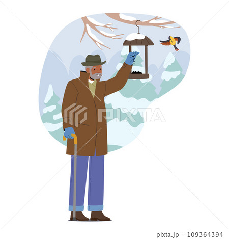 Old Man Tenderly Feeds Birds At A Birdhouse In The Winter Chill, His Kind Eyes Reflecting Warmth, Vector Illustration Old Man Tenderly Feeds Birds At A Birdhouse In The Winter Chill, His Kind Eyes Reflecting Warmth, Vector Illustration 109364394