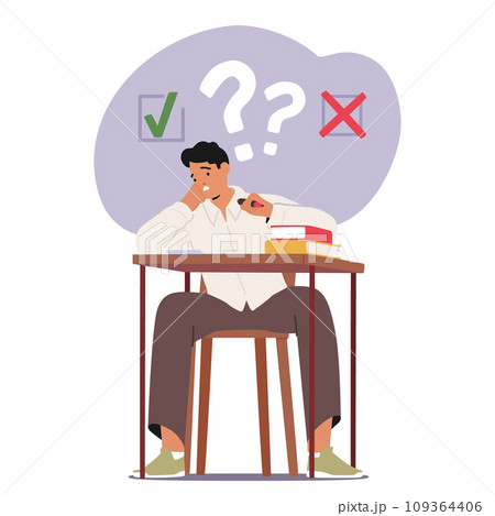Student Boy Character Sits Nervously At A Desk, Surrounded By Textbooks And Notes, Facing An Exam, Vector Illustration Student Boy Character Sits Nervously At A Desk, Surrounded By Textbooks And Notes, Facing An Exam, Vector Illustration 109364406