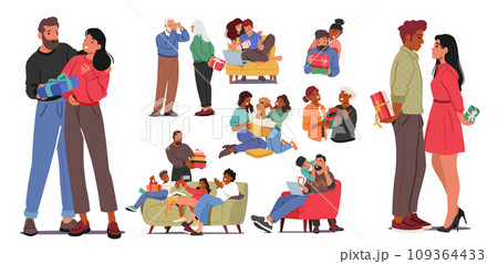 Festive Spirits Soar As People Joyfully Exchange Gifts, Laughter Echoing In The Air. Each Wrapped Surprise, Vector Set 109364433