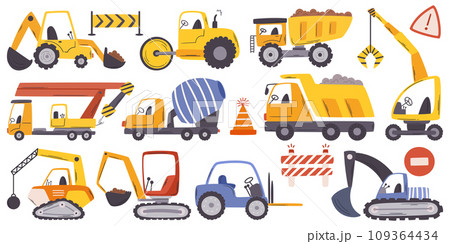 Construction Cars Vary From Excavators And Bulldozers To Cranes And Dump Trucks. Each Serves A Specific Purpose 109364434