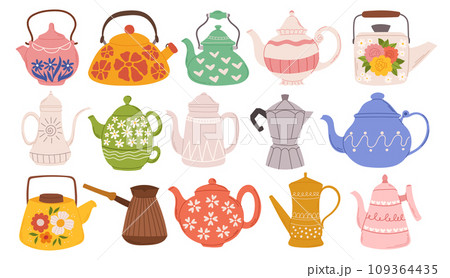 Teapot Collection, Whimsical And Diverse Crockery Set, Boasts An Array Of Shapes And Colors, Vector Illustration 109364435
