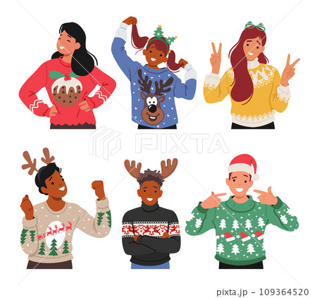 Adult And Kid Characters Wear Festive Ugly Sweaters, Striking Humorous Poses, And Radiating Holiday Cheer Adult And Kid Characters Wear Festive Ugly Sweaters, Striking Humorous Poses, And Radiating Holiday Cheer 109364520