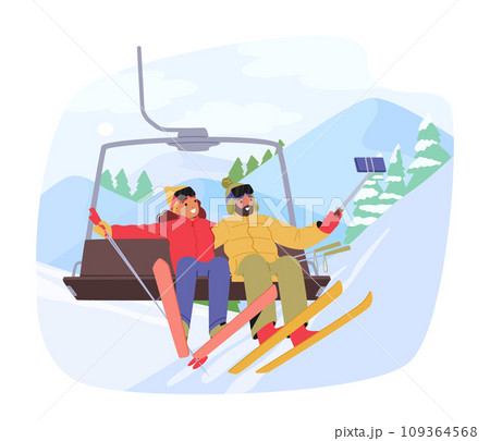 Bundled-up Skier Characters Ascend On A Ski Lift, Against A Snowy Mountain Backdrop, Creating A Picturesque Winter Scene Bundled-up Skier Characters Ascend On A Ski Lift, Against A Snowy Mountain Backdrop, Creating A Picturesque Winter Scene 109364568