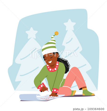 Child Eagerly Writes A Heartfelt Letter To Santa Claus, Sharing her Wishes And Dreams, Little Girl Writing 109364600