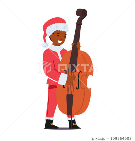 Child Character In A Festive Christmas Costume of Santa, Joyfully Plays A Contrabass, Spreading Holiday Cheer 109364602