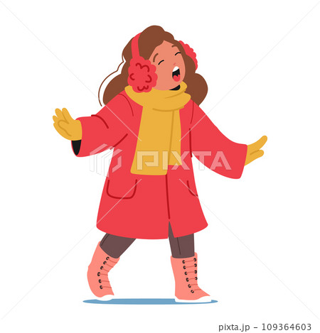 Cheerful Child Bundled In Winter Attire, Joyfully Sings Christmas Carols. Little Girl Character Spreading Holiday Spirit 109364603