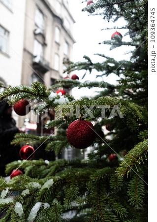 Beautiful red Christmas balls and green fir branches. Festive Beautiful red Christmas balls and green fir branches. Festive 109364745