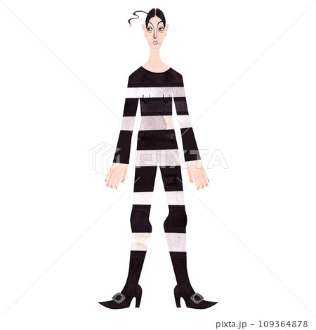 A thin, stern and angry, middle-aged Victorian woman with black hair, wearing a striped suit and pointed shoes with silver buckles. Watercolor hand drawn isolated illustration on white background. Cha A thin, stern and angry, middle-aged Victorian woman with black hair, wearing a striped suit and pointed shoes with silver buckles. Watercolor hand drawn isolated illustration on white background. Cha 109364878