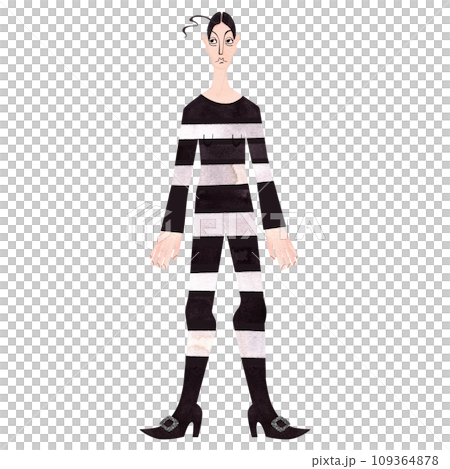 A thin, stern and angry, middle-aged Victorian woman with black hair, wearing a striped suit and pointed shoes with silver buckles. Watercolor hand drawn isolated illustration on white background. Cha A thin, stern and angry, middle-aged Victorian woman with black hair, wearing a striped suit and pointed shoes with silver buckles. Watercolor hand drawn isolated illustration on white background. Cha 109364878