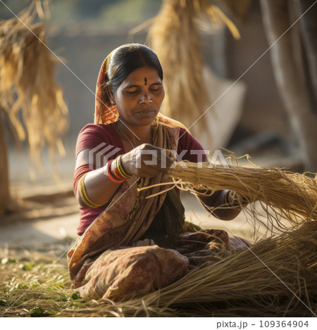 indian woman weaving rope from straw 109364904