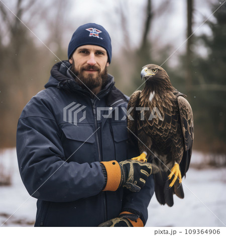 man holds eagle on his arm 109364906