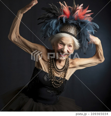 lifestyle photo humor an elderly old dancer with funny hat 109365034