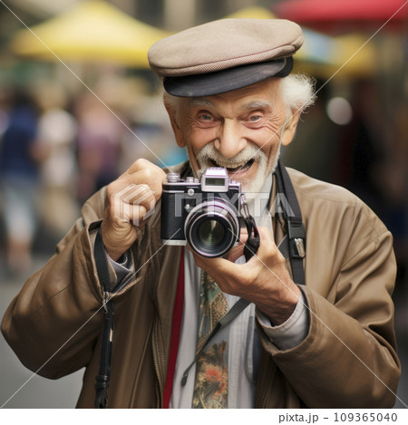 lifestyle photo humor an elderly old photographer 109365040
