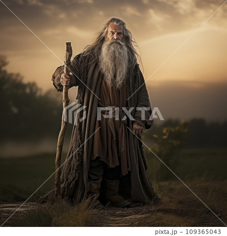 lifestyle photo old wizard standing with walking stick lifestyle photo old wizard standing with walking stick 109365043