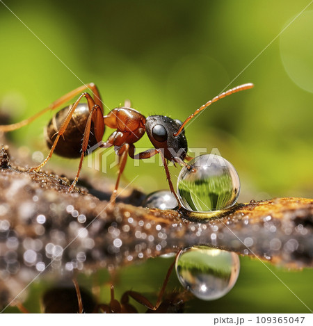 ant drinking from drop of water 109365047