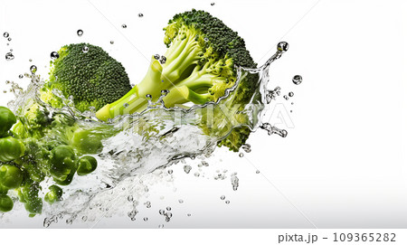 vegetables green broccoli sprouts with water splash on white background .Generative AI 109365282