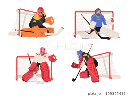 Hockey Goalkeepers In Vibrant Gear, Fiercely Guard The Net With Lightning Reflexes. Their Masks Conceal Determination 109365451