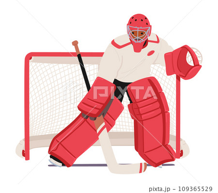 Determined Hockey Goalkeeper Guards The Net With Agile Moves, Clad In Red Gear. Focused And Ready, for Incoming Puck Determined Hockey Goalkeeper Guards The Net With Agile Moves, Clad In Red Gear. Focused And Ready, for Incoming Puck 109365529
