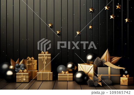 Golden gift boxes with black and golden Christmas ornaments against a dark wooden background Golden gift boxes with black and golden Christmas ornaments against a dark wooden background 109365742